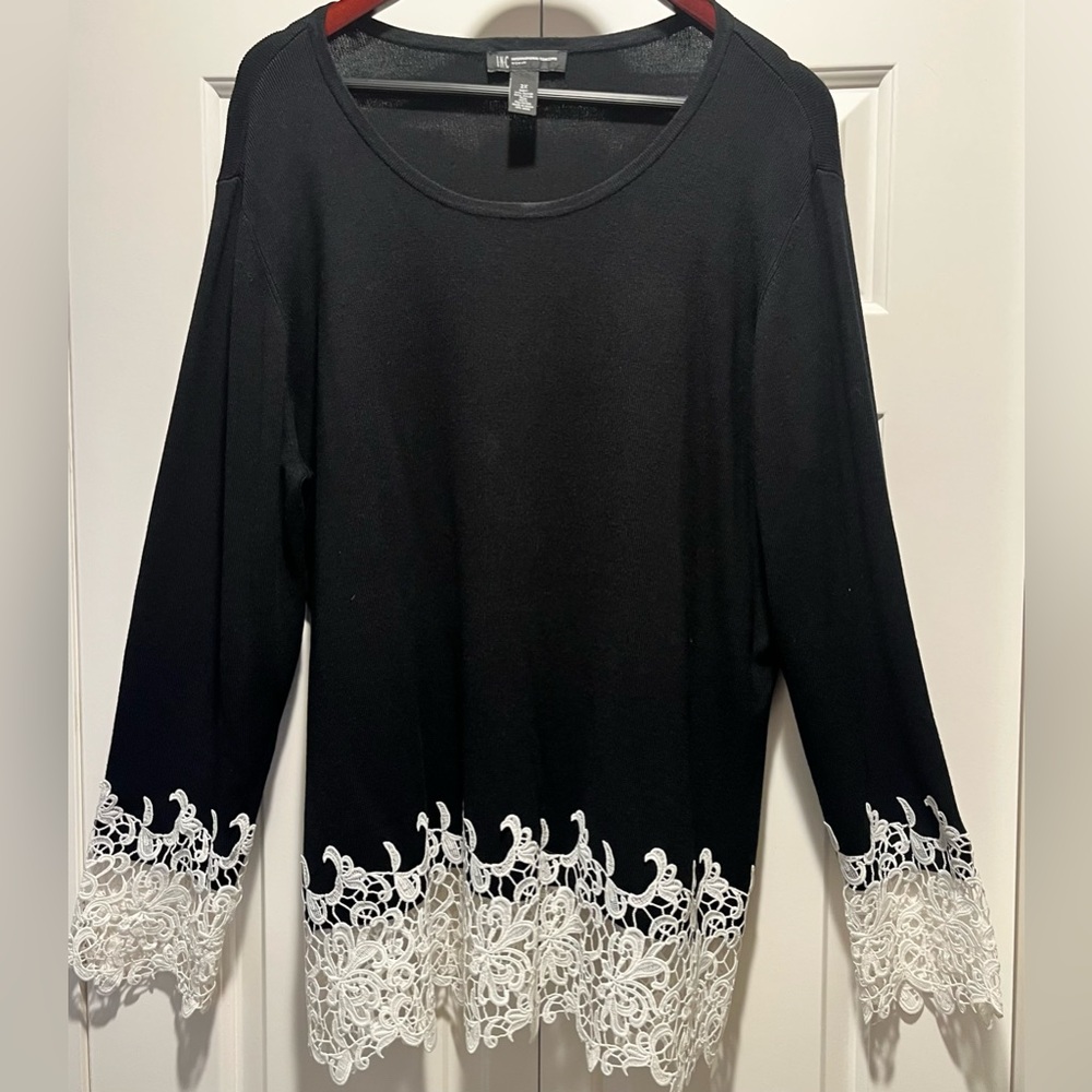 INC International Concepts Black and White Lace Trim Top